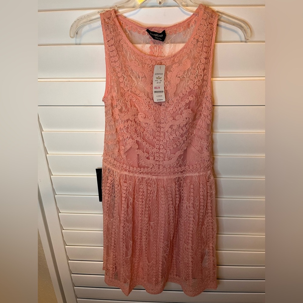 Bebe Sleeveless Pink Lace Fit-and-Flare Dress